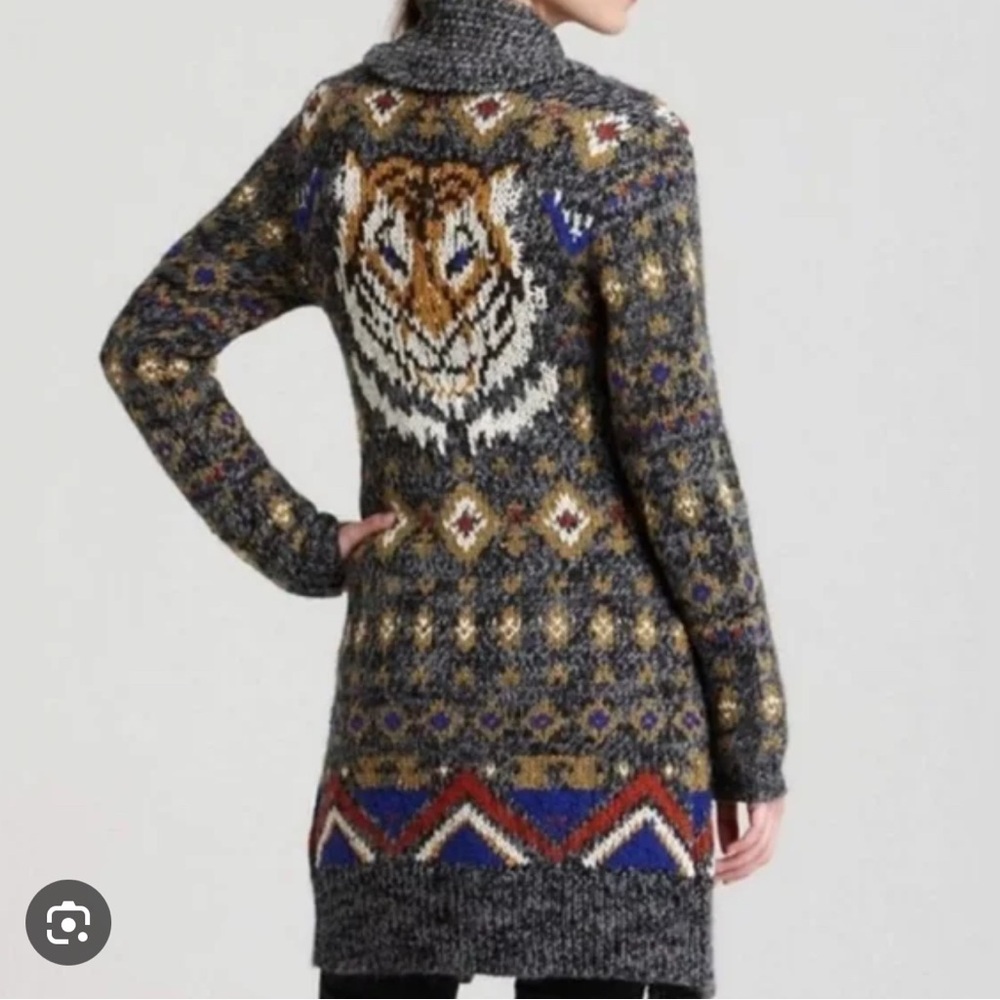 Free People Tiger mascot intarsia long cardigan sweater size LARGE